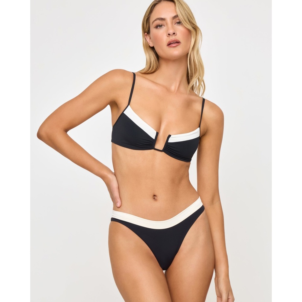 NEW L*Space Mercer Bikini Bottom Black Cream Mid Rise Classic Coverage Beach